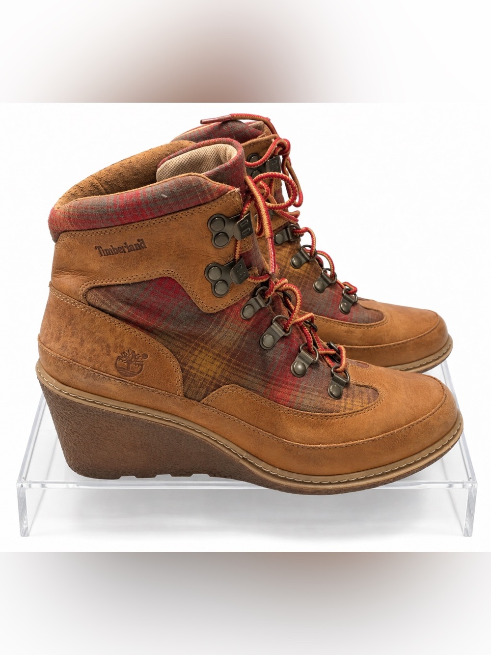 Timberland Brown and Red Plaid Leather Hiking Boots